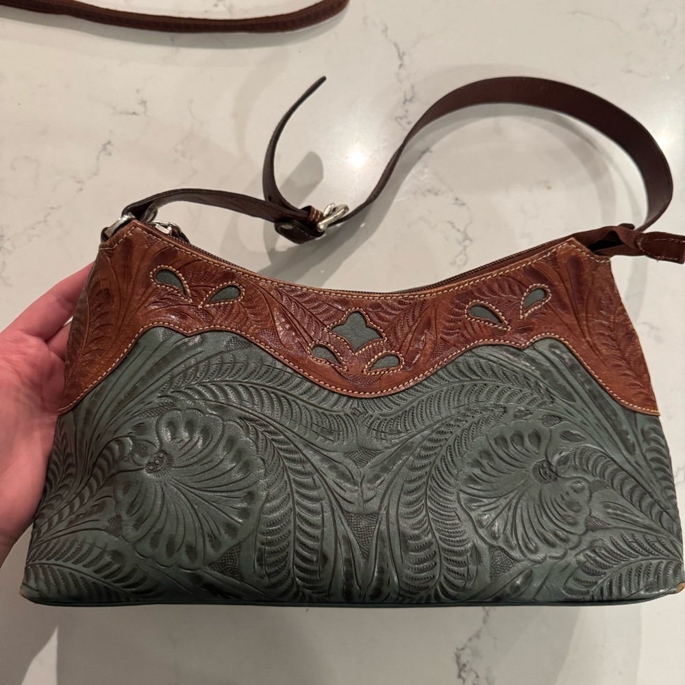 American West Lady Lace zip-top shoulder bag in a blue-green tooled leather